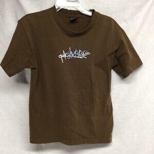 Quiksilver Kids Boys Brown Graphic front/back Logo Tee Sz L Y2K